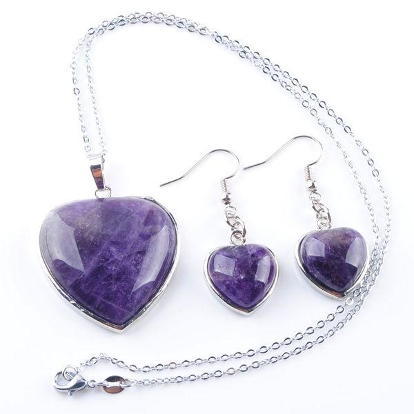 

wojiaer natural amethyst stone heart set jewelry reiki chakra beads necklace pendant earrings chain 18" dq3067, Black