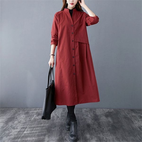

spring autumn arts style women stand collar loose long coat all-matched casual single breasted trench plus size m651 210512, Tan;black