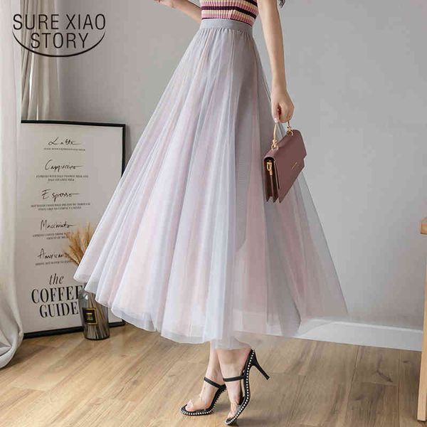 

long women a- line mesh spring contrast color fashion swing midi skirt temperament feminine tulle skirts 8966 50 210417, Black