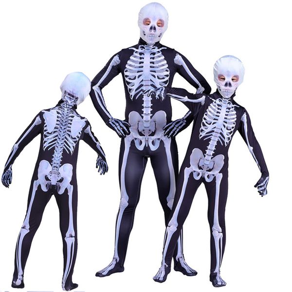 Halloween Maskerade Party Kostüme Geisterschädel Skelett Cosplay Overall für Kinder Kind Erwachsene Gruselige Eltern-Kind-Bodysuit Maske Karneval Kleidung YL0361