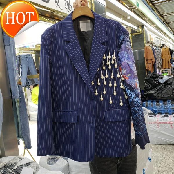 

women's vests spring and autumn 2021 blue contrast vertical bar pearl tassel long sleeve loose temperament casual suit, Black;white