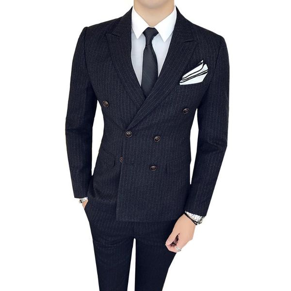 

pieces stripe double breasted suit coat trousers set men slim business casual formal wedding plaid blazers jacket pants vest men's suit, White;black