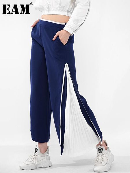

women's pants & capris [eam] high elastic waist blue side pleated wide leg trousers loose fit women fashion tide spring autumn 2021 jo5, Black;white