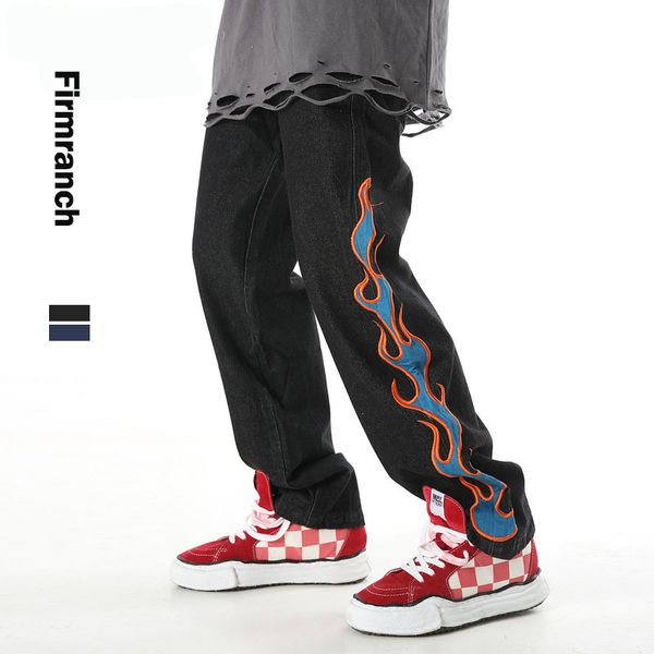 

firmranch men/women ready black embroidery fire jeans ins made blue flame straight denim pants high street dad trousers