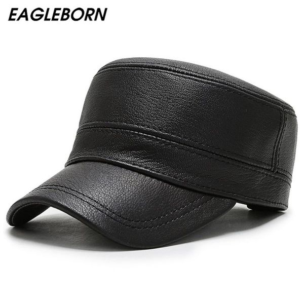 

Winter Cowhide Leather Hat Men Dad Earmuffs Military Cap Middle-aged Warm Thick Grandpa Black Wide Brim Hats, Blue;gray