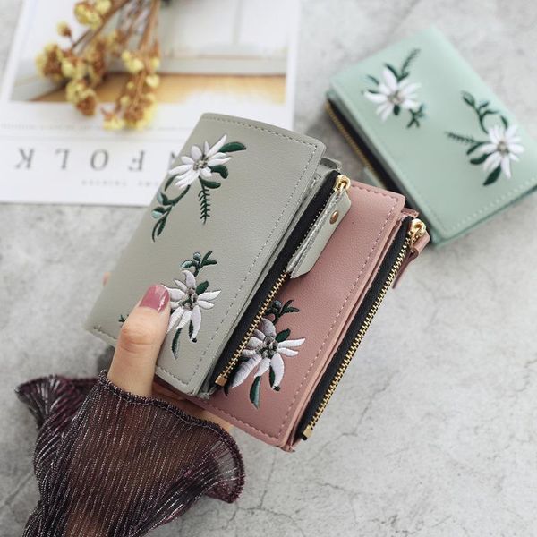 

women's wallets print flower short wallet for woman zipper mini coin purse ladies small female leather card holder, Red;black