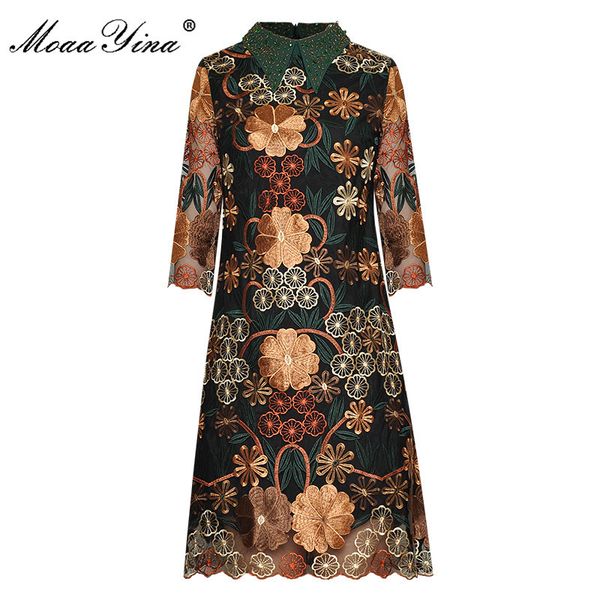 

fashion designer dress autumn women's dress beading mesh floral embroidery vintage dresses 210524, Black;gray