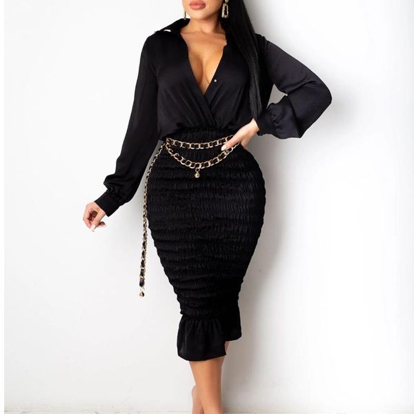 

casual dresses women solid turn down collar long sleeve single breasted bodycon midi dress ruffles office laydies, Black;gray