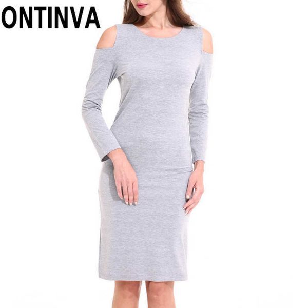 Clearance Mulheres Cinza Cor Algodão Camiseta Vestido Slim Casual Primavera Fora do Ombro Escritório Lápis Túnicas Vestidos S M L XL 2XL 210527