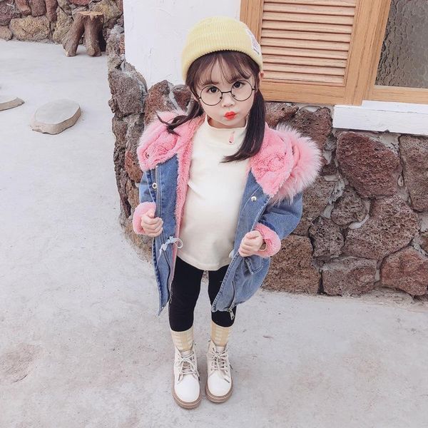 

jackets winter baby girls jacket children thicken plus denim hooded fur collar fashion cotton coats kids outerwear casual clothes, Blue;gray