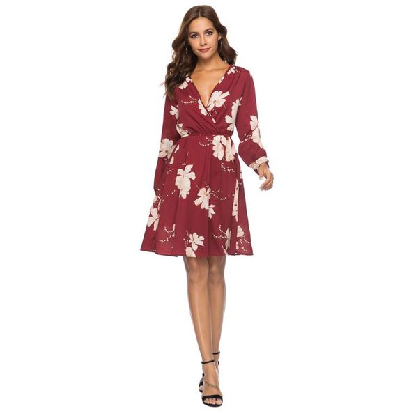

v-neck long sleeve printed flowers chiffon dress ladies summer clothes for women plus size casual dresses, Black;gray