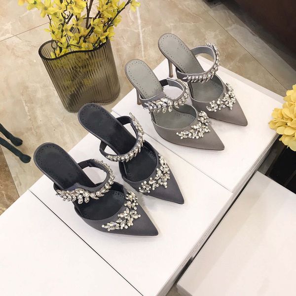 

women's shoes sandals crystal velvet satin muller slippers half-slide high heel sandals, Black