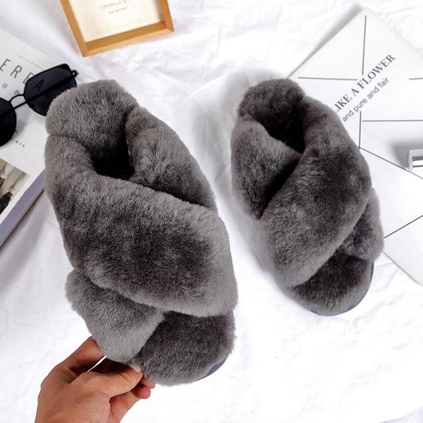 

slippers 100% natural sheepskin fur fashion female winter women warm indoor soft wool lady home shoes, Black