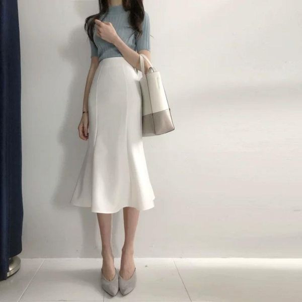 

spring summer fashion office womens skirt ruffles solid color high waist fishtail flouncing knee length skirts m127, Black