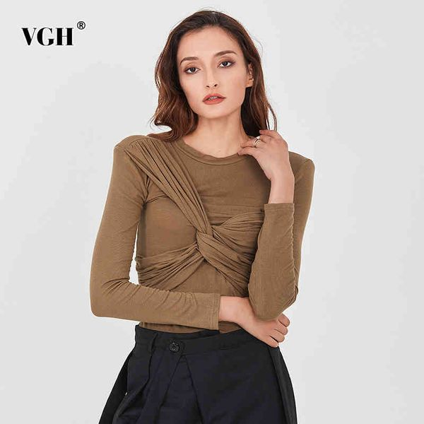 

vgh black slim t shirt for women o neck long sleeve ruched solid minimalist t shirts female fashion new clothing tide 210421, White