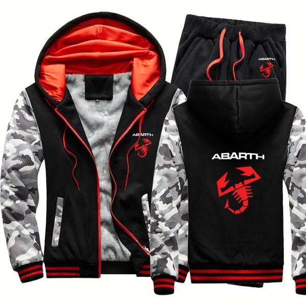 

jogging clothing winter fleece warm men's hoodies abarth car logo printing casual cotton sweatshirt+sweatpants 2-piece set, Black;red