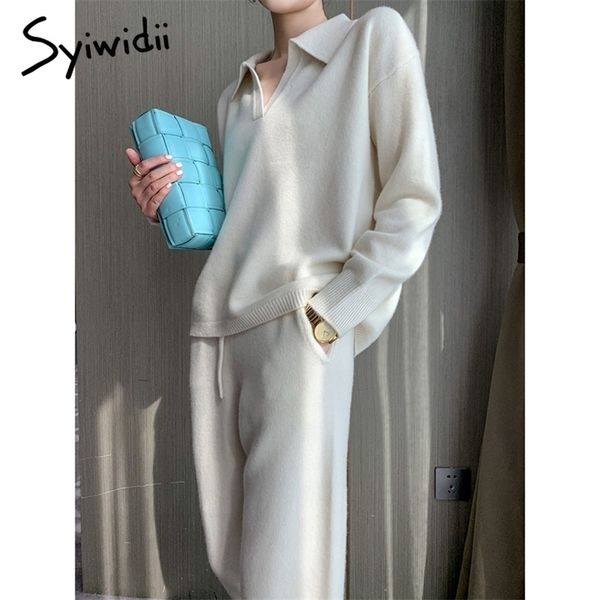 

syiwidii women's knitted suit winter tracksuit warm sweater pants two-piece set autumn casual outfit pullover trouser 220315, White