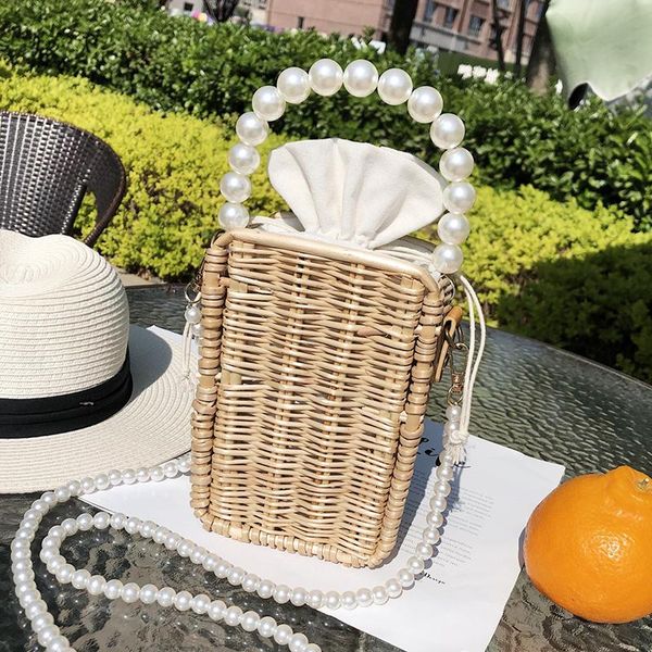 

evening bags women straw purses peral chain handbags summer rattan handmade crossbody ladies beach basket drawstring hand