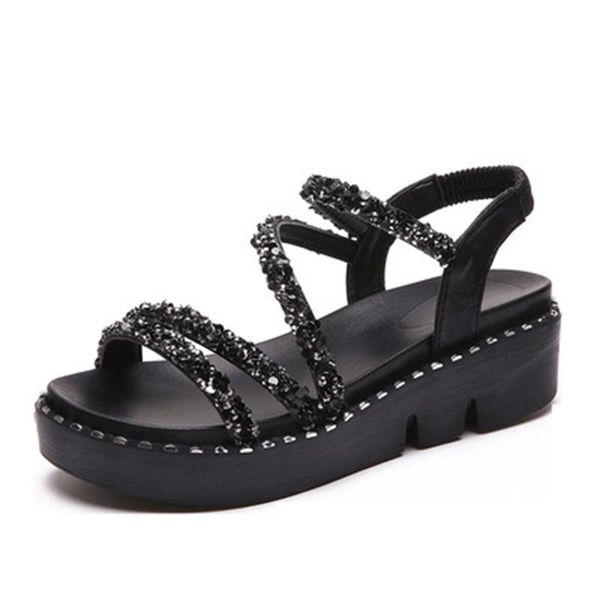 

sandals 2021 summer women's sequined sponge cake girl student's thick-soled non-slip open toe hybrid roman, Black