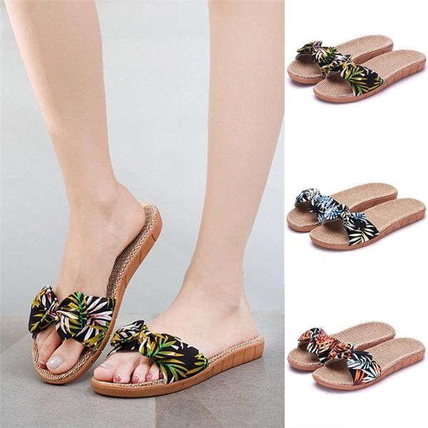

beautiful women's shoes simple casual female summer flower flax flip flops beach shoe sandals printing bowknot linen slippers, Black