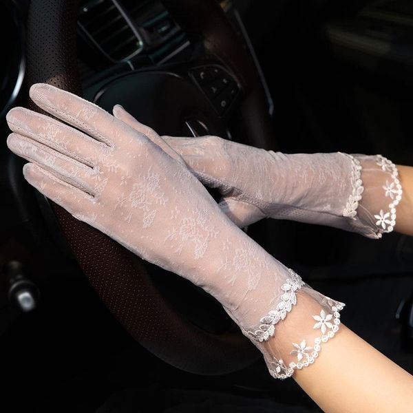 

summer women lace gloves uv sunscreen long sun screen glove thin fingers touch viscose driving cycling, Black