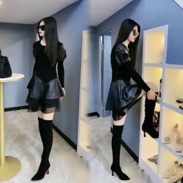 

casual dresses women pu leather mini dress female black o-neck bodycon bandage party ladies long sleeve slim vestidos q201, Black;gray
