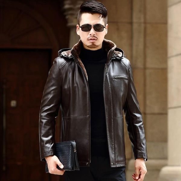 

men's & faux mens winter fur lining pu jacket business slim fit hoody coat male leather motor biker windproof jackets qdfq, Black