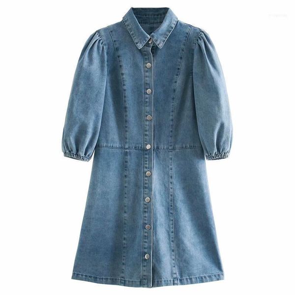 

casual dresses malina turn down collar women fashion deep blue denim dress elegant puff sleeve mini female ladies hx1, Black;gray