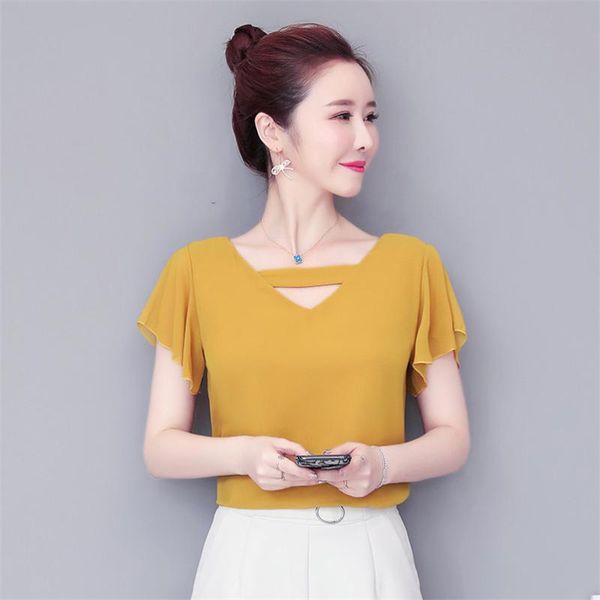 

women's blouses & shirts women chiffon blouse summer casual slim 2021 short butterfly sleeve o-neck elegant, White