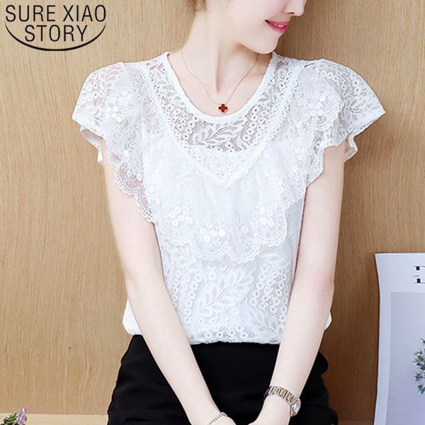 

blusas mujer de moda ladies lace shirts blouse for women short white shirt spliced solid 4872 50 210415