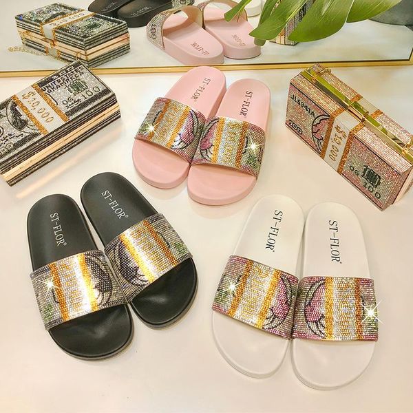 

slippers chic fashionable sandals and women 2021 summer style dollar pattern rhinestone flat indoor outdoor, Black