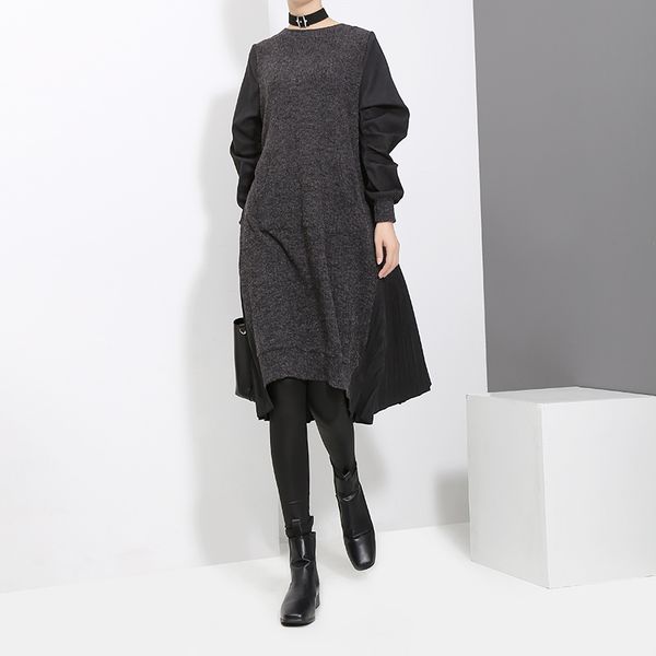 

2021winter woman long sleeve blue black woolen patchwork sweater dress pocket pleated back ladies loose casual midi dress robe 3030, Black;gray