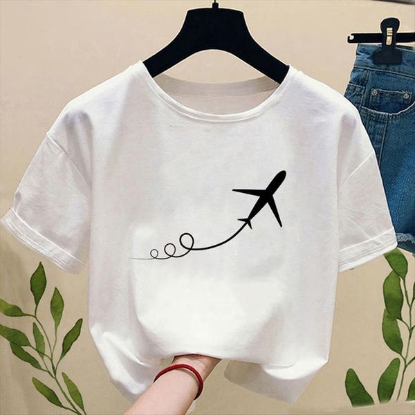 

summer harajuku airplane graphic women line printing clothes fashion female, White
