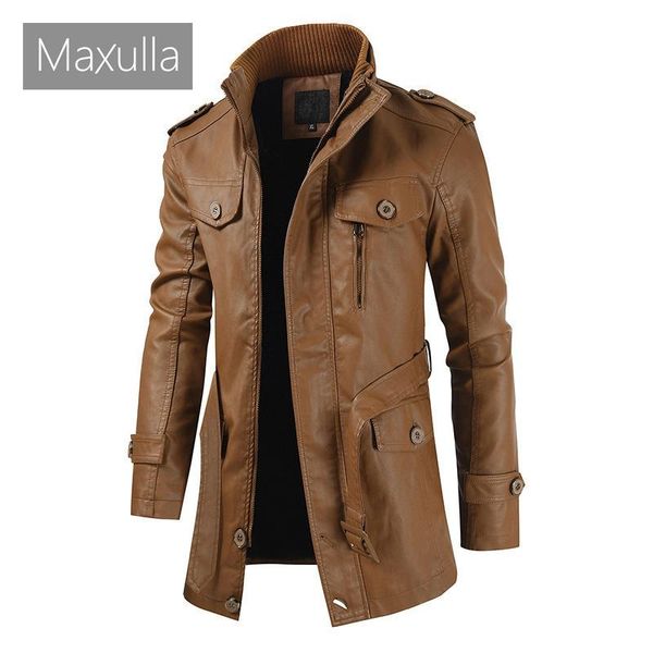 

men's fur & faux maxulla leather jackets motorcycle pu business coats casual outwear slim fit long biker mens clothing, Black