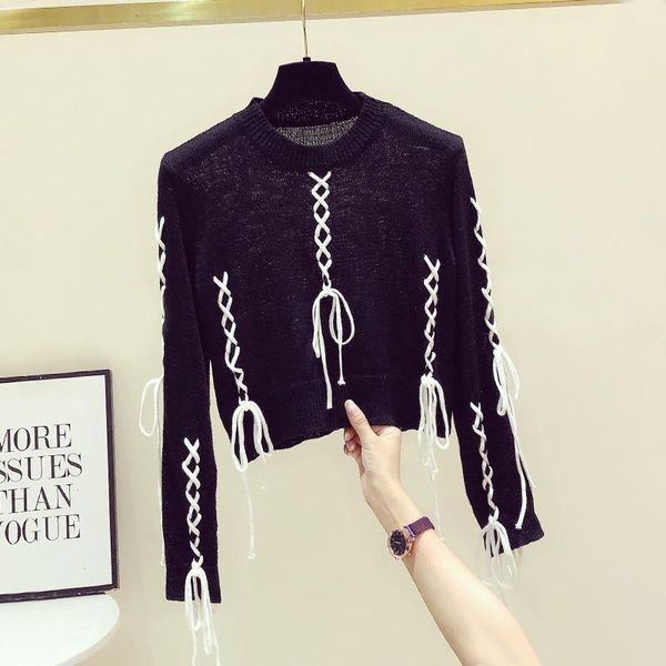 

women's sweaters 2021 autumn winter contrast color sweater lace-up tassel patchwork short coat fashion black pullovers, White;black