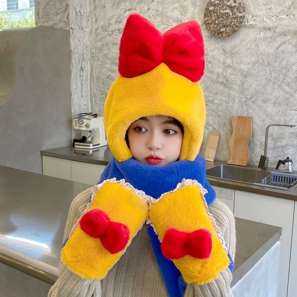 

hats, scarves & gloves sets winter imitation fur hat cute bowknot plush sweet cap bib all-in-one three-piece warmth, Blue;gray