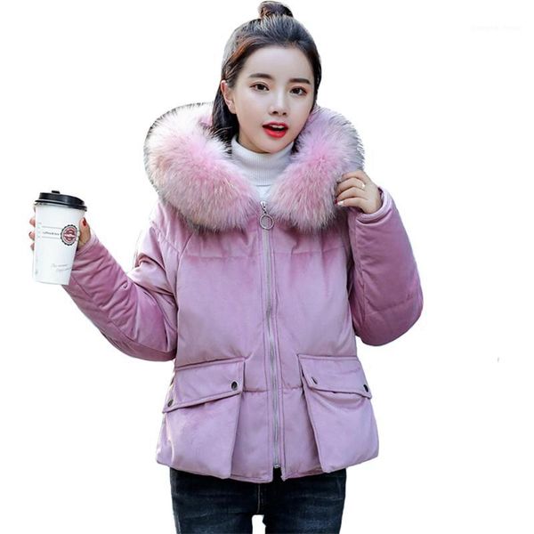 

women's down & parkas 2021 fashion winter jacket women short velvet fabric hooded with fur collar womens coat outwear sweet padded park, Black
