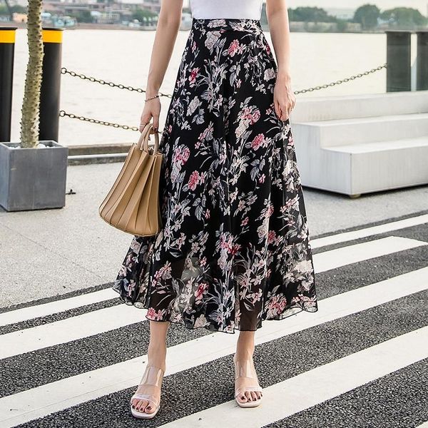 

skirts 2021 women's summer high-waist a-line skirt vintage slim print half-length, Black