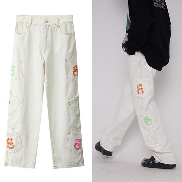 

men's jeans baggy for men multi-pocket letter embroidery straight denim pants 2021 autumn winter streetwear women oversize trousers, Blue