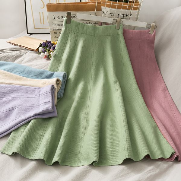 

autumn high waist midi knitted skirt a- line women long skirt women's drape umbrella solid color thin striped clothes 210420, Black