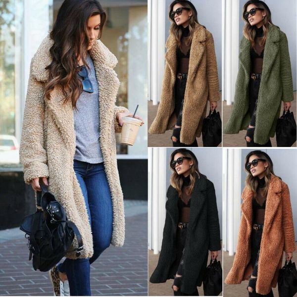 

women's wool & blends women winter warm fleece fur fluffy coat outwear turn down collar cardigan female knee length long coats, Black