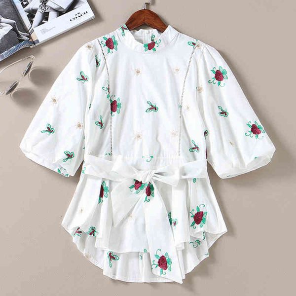 

women's blouses & shirts women fashion embroidery half sleeve floral belt female cute slim stand lantern suits 2q69, White