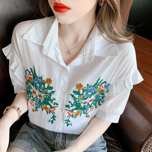 

women's blouses & shirts button up ladies 2021 summer flower embroidered loose short sleeve lapel shirt female women blouse casual 593, White