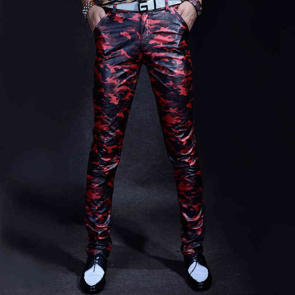 

men's pants slim fit zipper faux leather 2 colors camouflage pu s fashion casual 6mnc, Black