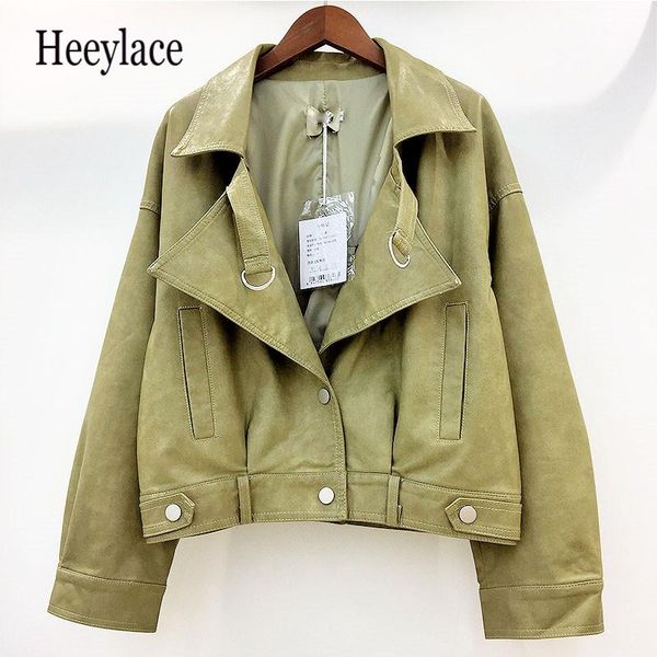 

women's leather & faux jacket for women spring autumn outerwear ladies loose casual single breasted biker motorcycle short coats, Black