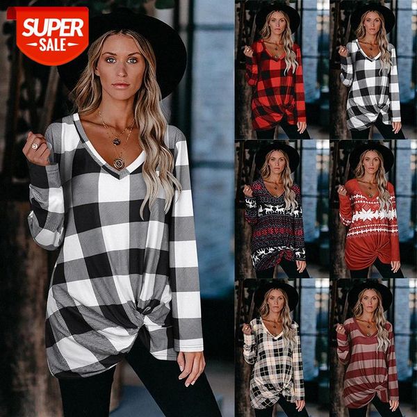 

[in stock]autumn and winter european american women's casual loose all-match plaid printed v-neck t-shirt women #948p, White