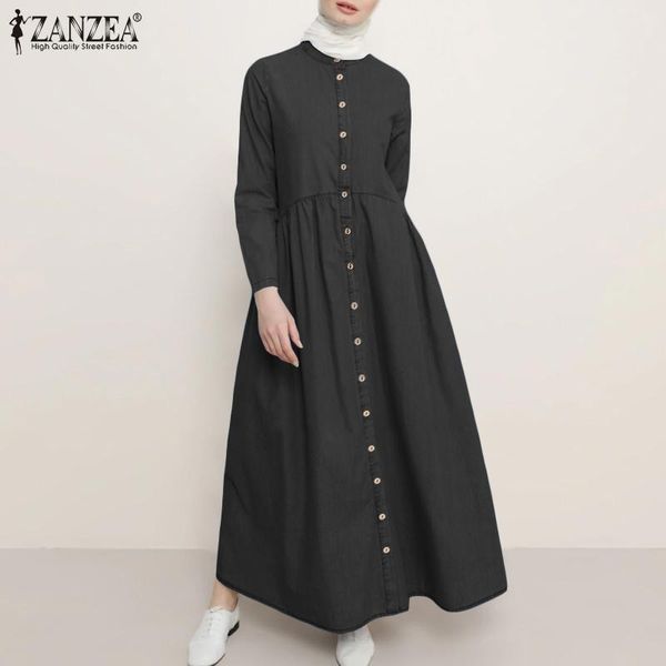 

casual dresses fashion demin blue shirt dress women's muslim sundress zanzea 2021 long maxi vestidos female button robe femme plus size, Black;gray