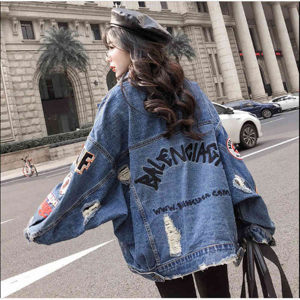 

women's jackets qnpqyx harajuk loosely denim streetwear women's jacket embroidered jeans hip hop unique hole breasted ybi0, Black;brown
