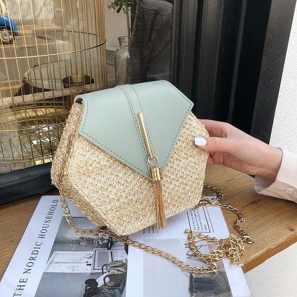 

evening bags hexagon mulit style straw+leather handbag women summer rattan bag handmade woven beach circle bohemia shoulder fashion
