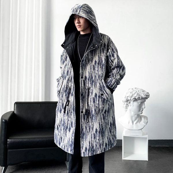 

men's trench coats 2021 autumn winter embroidery jacquard trenchcoat male loose casual long overcoat streetwear windbreaker, Tan;black